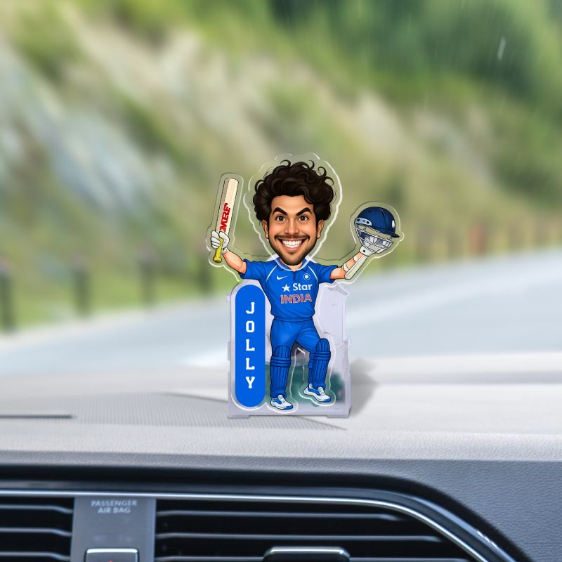 Personalized Cricket Theme Bobblehead Caricature Solar Powered Moving Head for for Living Room, Car Dashboard, Home, Office Desk Gift for Cricket Player & Fans Sports Theme Gift